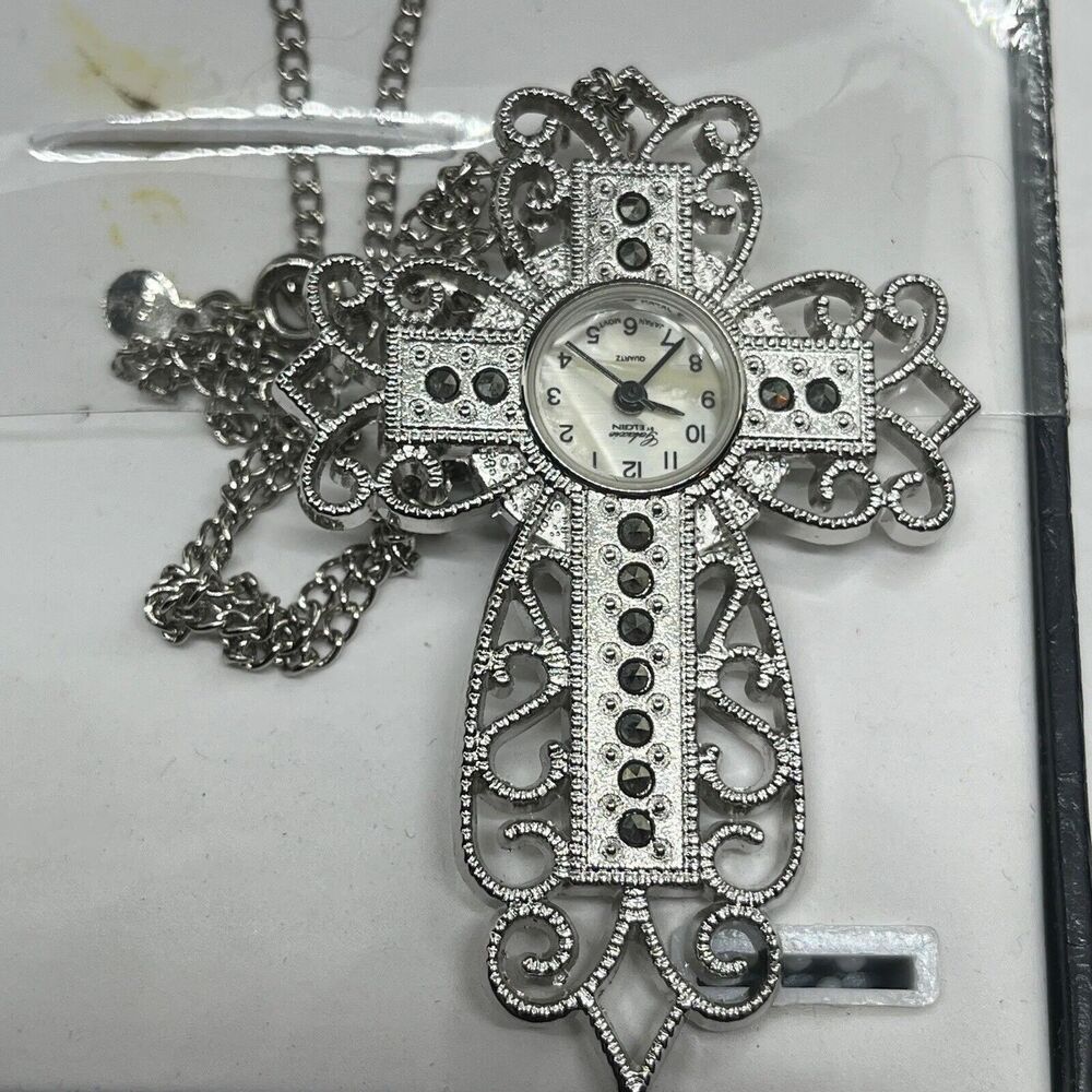 Galaxie By Elgin Cross Pendant Necklace Watch Women Silver Tone In Box Untested